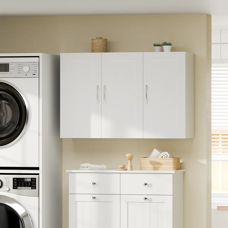 sebuyfr.comG231-L-W Meuble Haut Suspendu 90 cm – 3 Portes, Étagère Réglable – Blanc