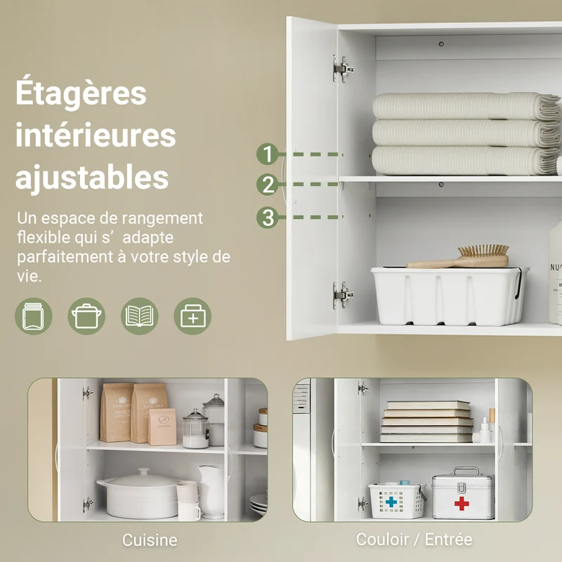 sebuyfr.comG231-L-W Meuble Haut Suspendu 90 cm – 3 Portes, Étagère Réglable – Blanc
