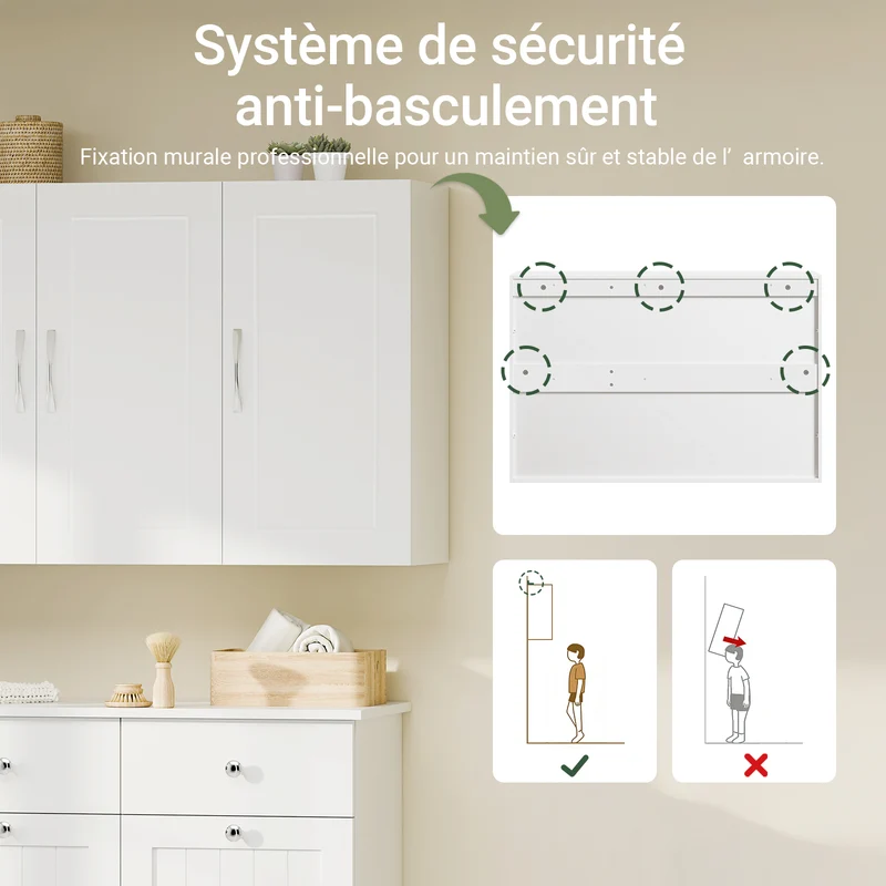 sebuyfr.comG231-L-W Meuble Haut Suspendu 90 cm – 3 Portes, Étagère Réglable – Blanc