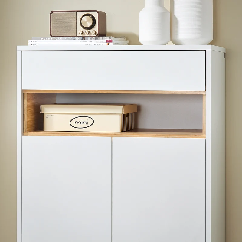 SoBuy FSB97-WN Buffet Bas Blanc et Bambou – 1 Tiroir, 2 Portes, Étagères Réglables, 60×34×85 cm