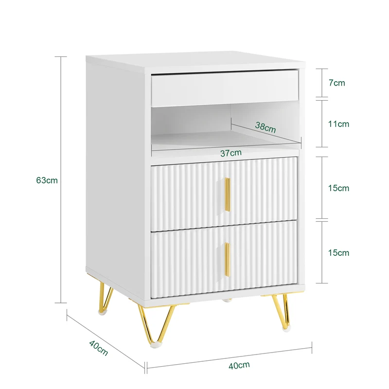SoBuy FBT168-W Table de Chevet Chic Blanc et Doré – 3 Tiroirs et Étagère, Style Moderne