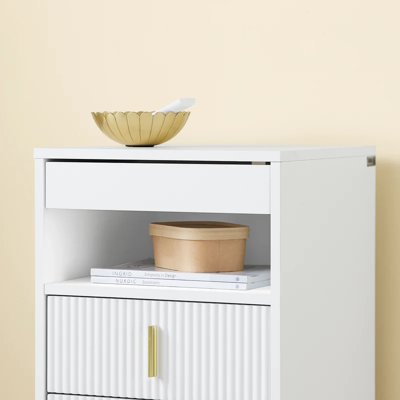 SoBuy FBT168-W Table de Chevet Chic Blanc et Doré – 3 Tiroirs et Étagère, Style Moderne