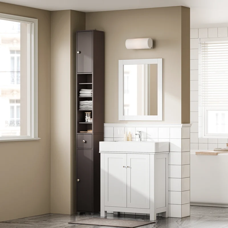 SoBuy BZR34-II-BR Colonne Salle de Bain Ultra-Étroite 20×20×180 cm – 1 Tiroir, 2 Portes, 5 Compartiments, Brun