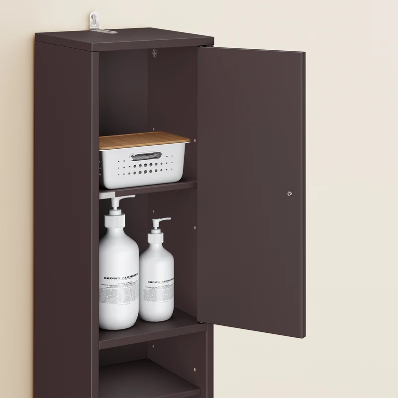 SoBuy BZR34-II-BR Colonne Salle de Bain Ultra-Étroite 20×20×180 cm – 1 Tiroir, 2 Portes, 5 Compartiments, Brun