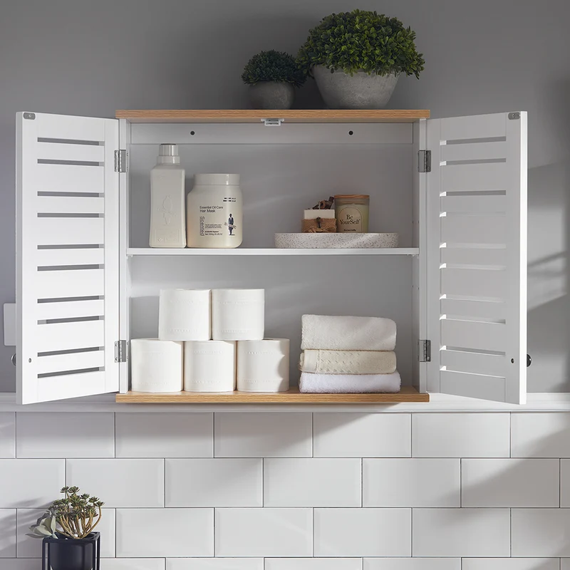SoBuy BZR42-W Armoire Murale Salle de Bain avec Portes Persiennes et Étagères Réglables – 60×56×19 cm – Blanc