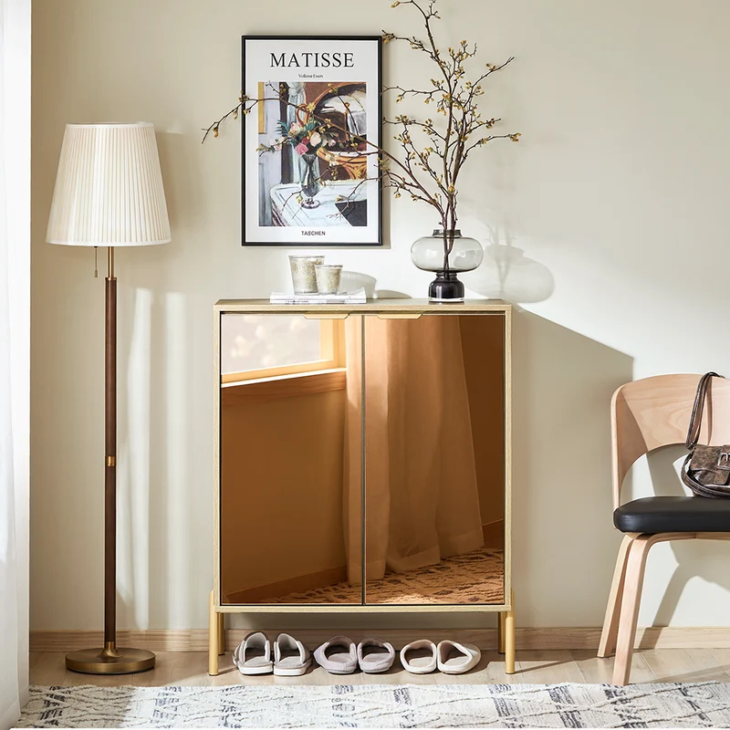 SoBuy FSB96-G Armoire à Chaussures avec 2 Portes Effet Miroir et 5 Compartiments – L83×P38×H100 cm, Charge 80 kg, Finition Dorée