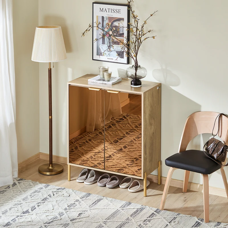 SoBuy FSB96-G Armoire à Chaussures avec 2 Portes Effet Miroir et 5 Compartiments – L83×P38×H100 cm, Charge 80 kg, Finition Dorée