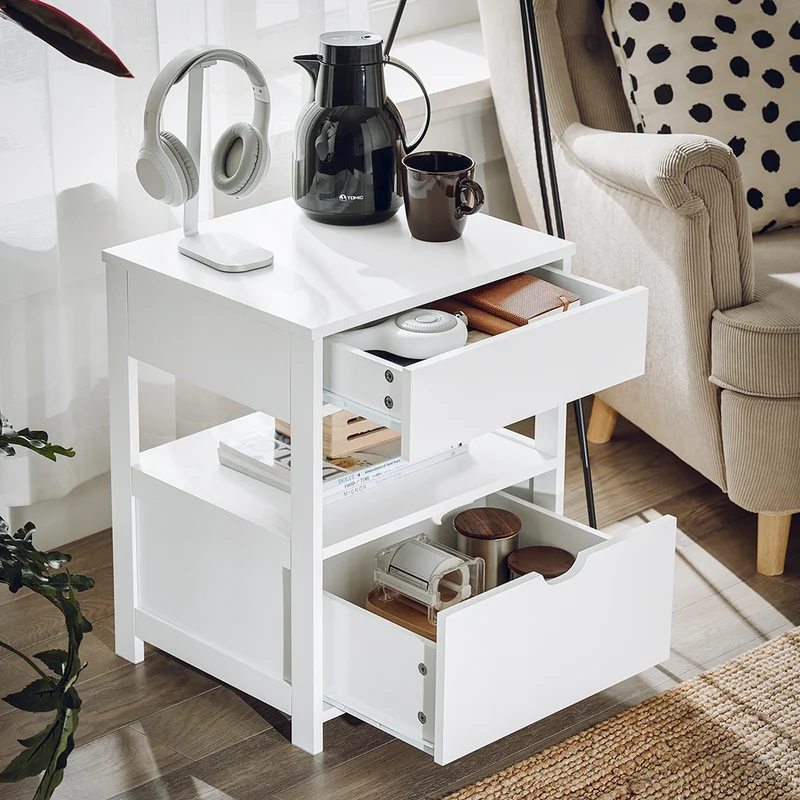 sebuyfr.comG258-II-W Table de Chevet avec 2 tiroirs et étagère, Table de Nuit pour Chambre à Coucher - Meuble de Rangement Moderne L45 x P38 x H55 cm Blanc