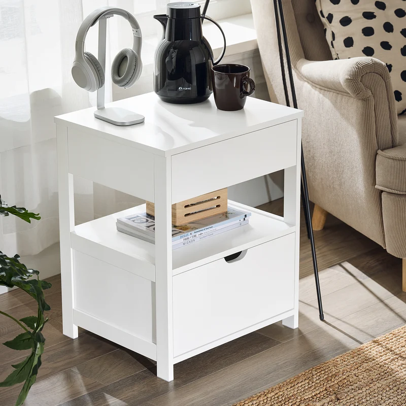 sebuyfr.comG258-II-W Table de Chevet avec 2 tiroirs et étagère, Table de Nuit pour Chambre à Coucher - Meuble de Rangement Moderne L45 x P38 x H55 cm Blanc