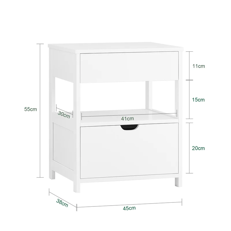 sebuyfr.comG258-II-W Table de Chevet avec 2 tiroirs et étagère, Table de Nuit pour Chambre à Coucher - Meuble de Rangement Moderne L45 x P38 x H55 cm Blanc