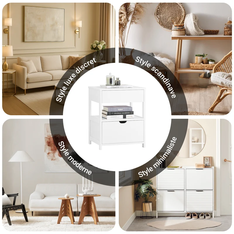 sebuyfr.comG258-II-W Table de Chevet avec 2 tiroirs et étagère, Table de Nuit pour Chambre à Coucher - Meuble de Rangement Moderne L45 x P38 x H55 cm Blanc