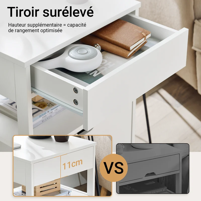 sebuyfr.comG258-II-W Table de Chevet avec 2 tiroirs et étagère, Table de Nuit pour Chambre à Coucher - Meuble de Rangement Moderne L45 x P38 x H55 cm Blanc