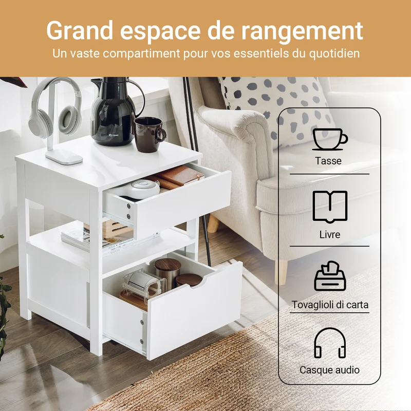 sebuyfr.comG258-II-W Table de Chevet avec 2 tiroirs et étagère, Table de Nuit pour Chambre à Coucher - Meuble de Rangement Moderne L45 x P38 x H55 cm Blanc