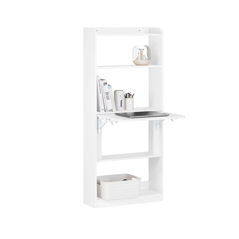 SoBuy FWT92-H-W Bureau pliable escamotable avec étagères 64 x 58 cm – Bureau ordinateur rabattable blanc gain de place