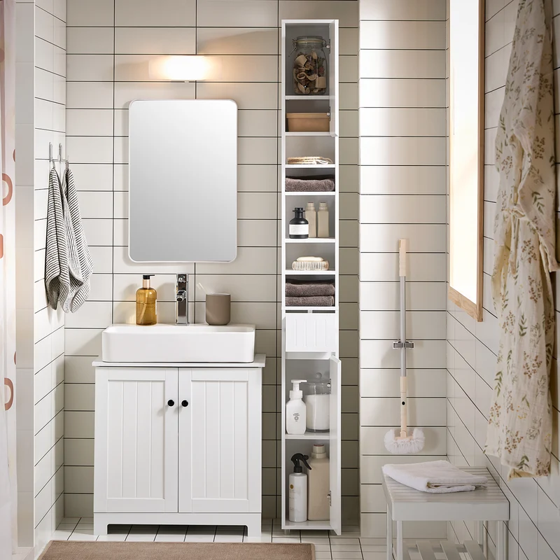SoBuy BZR160-W Colonne Salle de Bain 20x180x20 cm, Petit Meuble Rangement WC, Meuble Salle de Bain avec Portes, Tiroir, Étagères, Armoire Haute Gain de Place