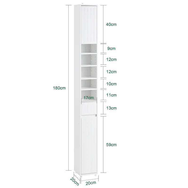 SoBuy BZR160-W Colonne Salle de Bain 20x180x20 cm, Petit Meuble Rangement WC, Meuble Salle de Bain avec Portes, Tiroir, Étagères, Armoire Haute Gain de Place