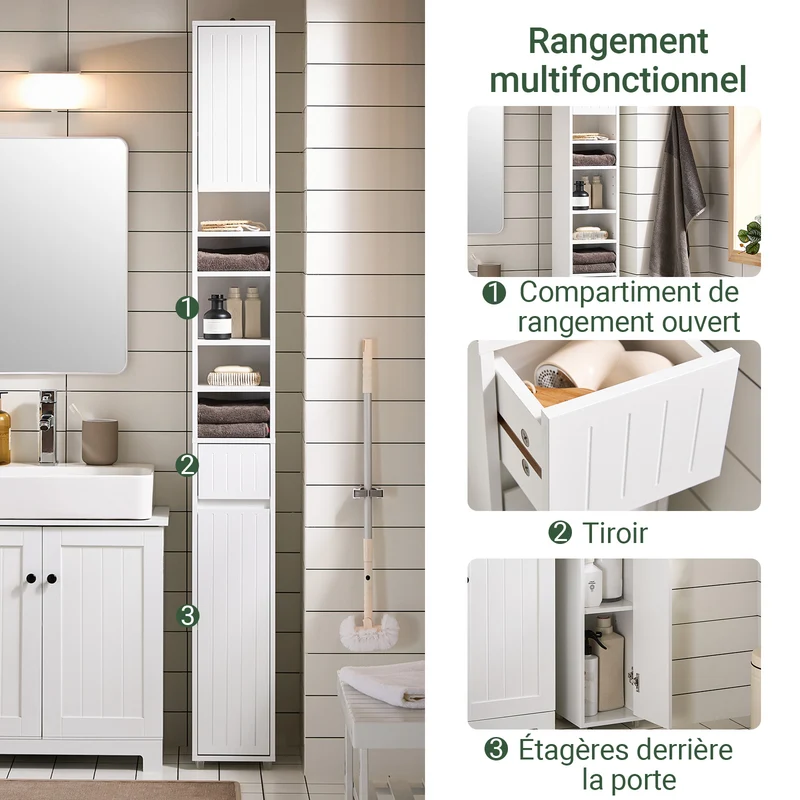 SoBuy BZR160-W Colonne Salle de Bain 20x180x20 cm, Petit Meuble Rangement WC, Meuble Salle de Bain avec Portes, Tiroir, Étagères, Armoire Haute Gain de Place