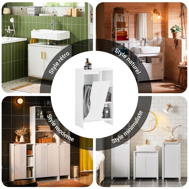 SoBuy BZR156-W Meuble Salle de Bain avec Panier à Linge – Colonne Rangement WC étroite avec Porte Abattante et Étagères Ouvertes, 86x50x30cm, Blanc