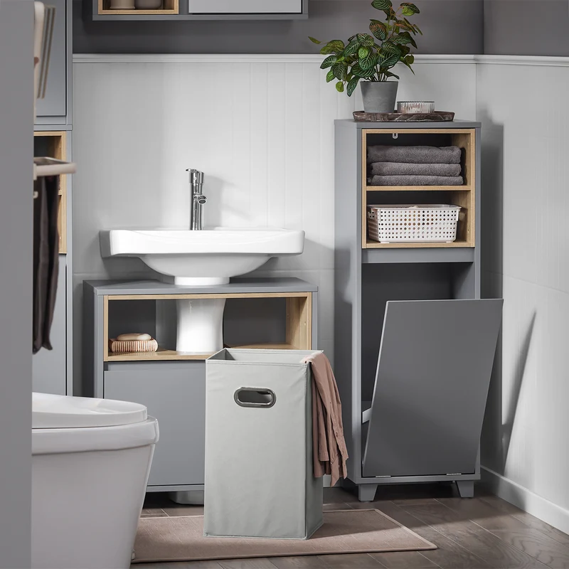 SoBuy BZR146-DG Meuble Bas de Salle de Bain, Meuble Demi-Colonne sur Pied, Placard WC Étroit avec 1 Panier à Linge