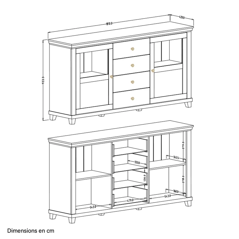 Buffet 2 portes 4 tiroirs Martin Vert et Bois