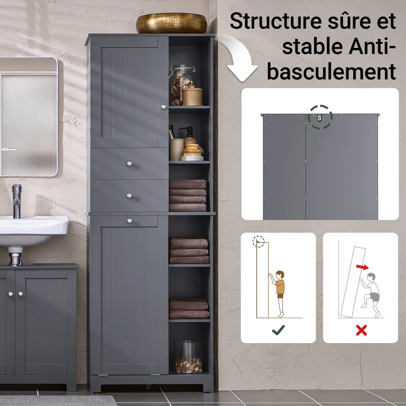 SoBuy BZR104-DG Colonne Salle de Bain Grise 171cm, Panier à Linge Amovible, 6 Étagères, 2 Tiroirs, Anti-Basculement, Charge 70 kg – 60x37x171 cm