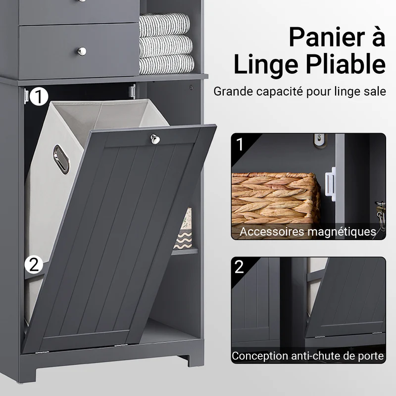 SoBuy BZR104-DG Colonne Salle de Bain Grise 171cm, Panier à Linge Amovible, 6 Étagères, 2 Tiroirs, Anti-Basculement, Charge 70 kg – 60x37x171 cm