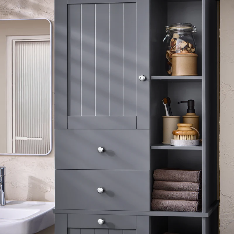 SoBuy BZR104-DG Colonne Salle de Bain Grise 171cm, Panier à Linge Amovible, 6 Étagères, 2 Tiroirs, Anti-Basculement, Charge 70 kg – 60x37x171 cm