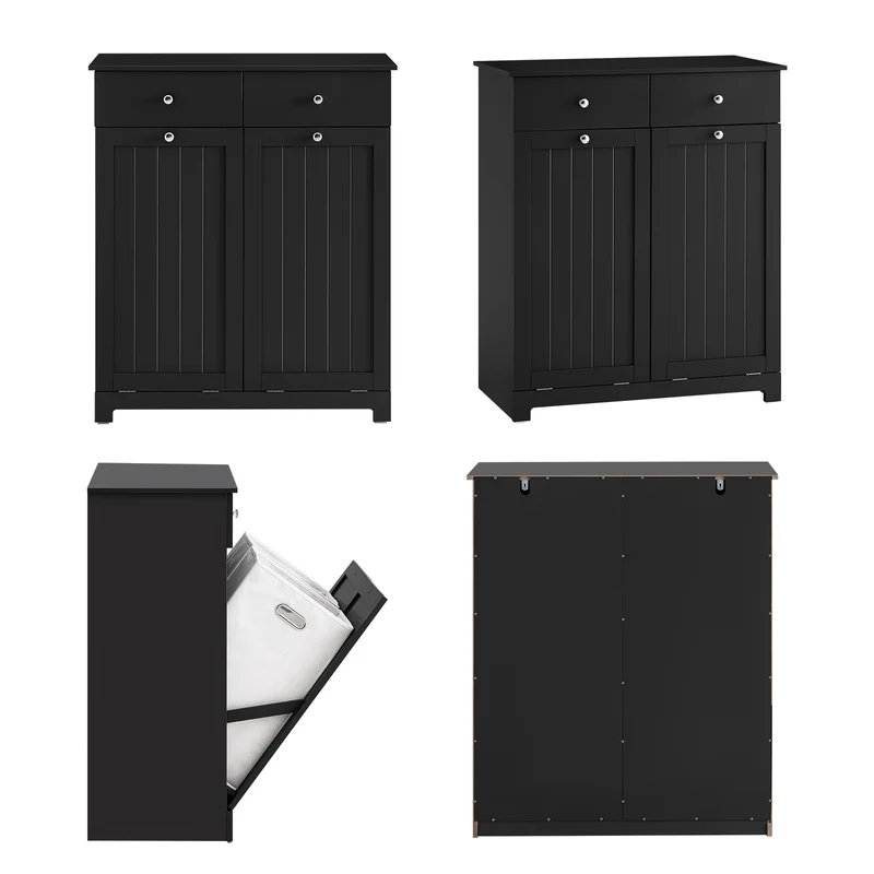 SoBuy BZR33-II-SCH Meuble Salle de Bain avec 2 Sacs à Linge 45 L et 2 Tiroirs – L78×P38×H91 cm, Charge 70 kg, MDF E1, Noir