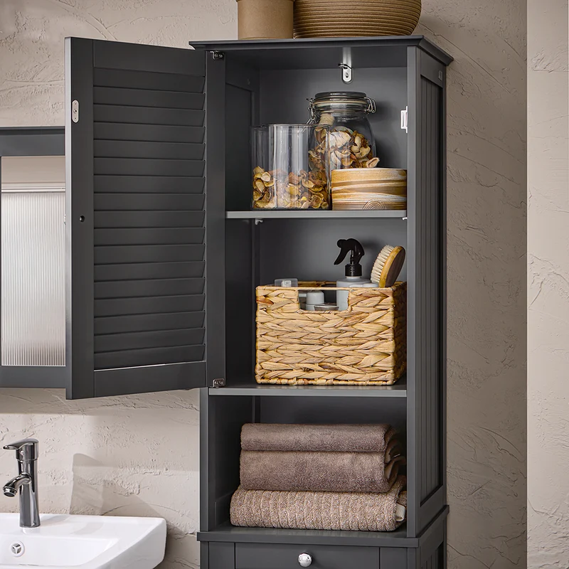 SoBuy BZR124-DG Meuble Colonne avec Panier à Linge – Armoire de Salle de Bain Rangement Étroit Étagère de Salle de Bain Petit Meuble WC Placard Gris 40x170x38 cm