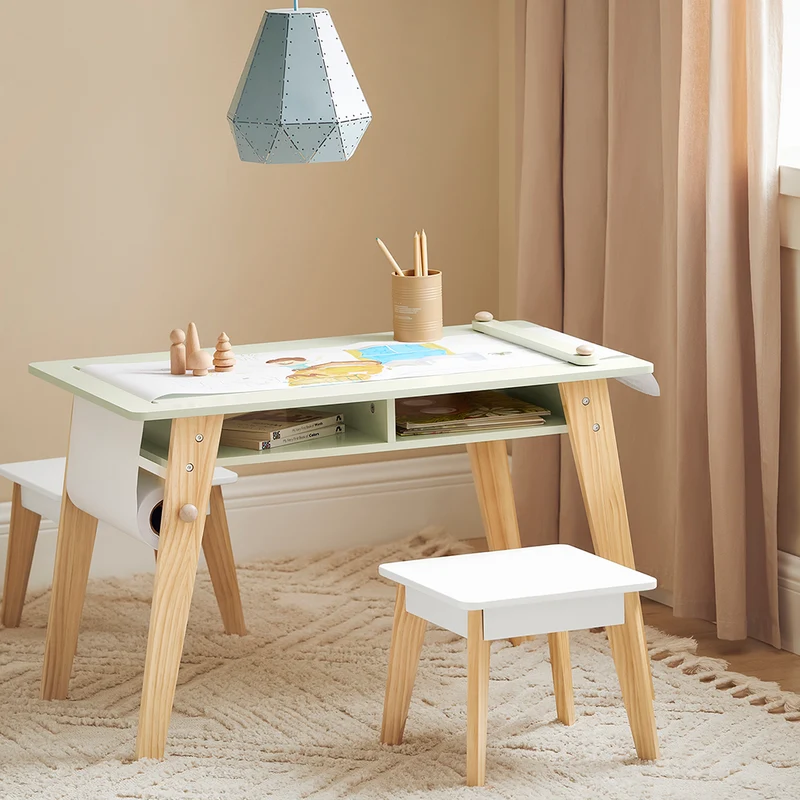SoBuy KMB92-GR Ensemble Table d’Enfant + 2 Tabourets, Set de 3 Pièces Table à Dessin avec 1 Porte-Rouleau de Papier et 2 Compartiments Ouverts