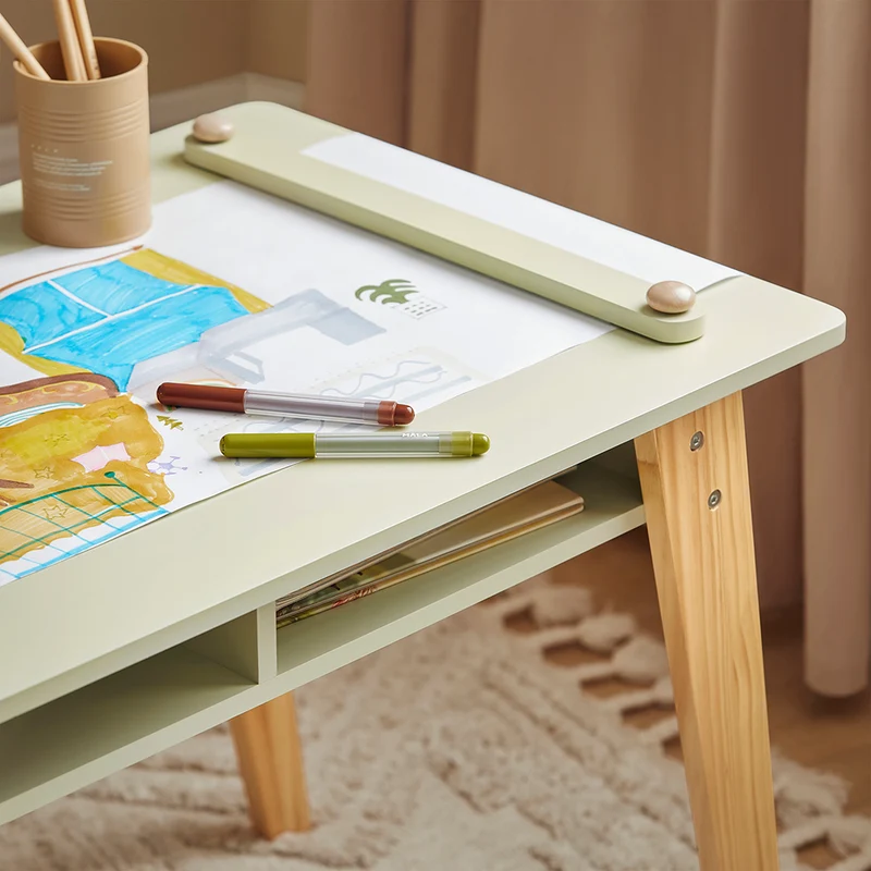 SoBuy KMB92-GR Ensemble Table d’Enfant + 2 Tabourets, Set de 3 Pièces Table à Dessin avec 1 Porte-Rouleau de Papier et 2 Compartiments Ouverts