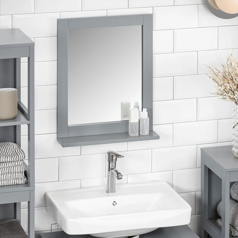 sebuyfr.comG129-SG Armoire Murale Salle de Bain avec Miroir, Format Compact, pour Salle de Bain et WC, Rangement Optimisé, Pratique – L40×P10×H49 cm, Gris Clair
