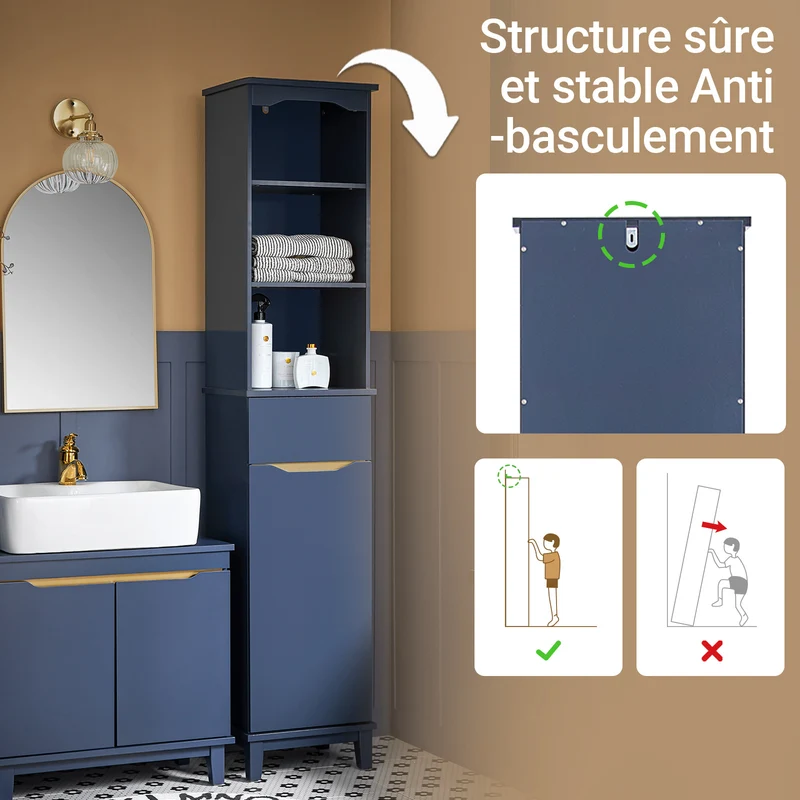 SoBuy BZR112-B Colonne Salle de Bain avec 3 Étagères et 1 Tiroir – L35×P30×H170 cm, Charge 40 kg, MDF E1, Bleu