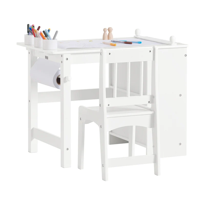 SoBuy KMB60-W Table Enfant avec Chaise Ensemble 2 Pièces Table et Chaise pour Enfant Bureau avec 2 Étagères Porte-Papier et Rangements Stylos Blanc 80x54x65