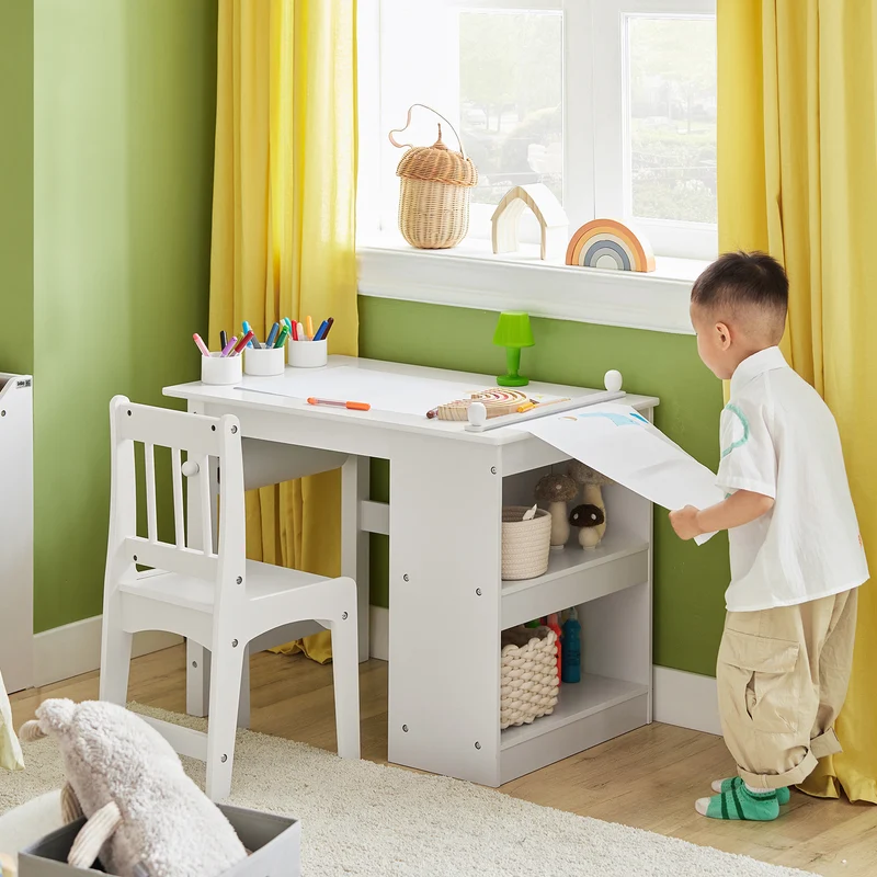 SoBuy KMB60-W Table Enfant avec Chaise Ensemble 2 Pièces Table et Chaise pour Enfant Bureau avec 2 Étagères Porte-Papier et Rangements Stylos Blanc 80x54x65