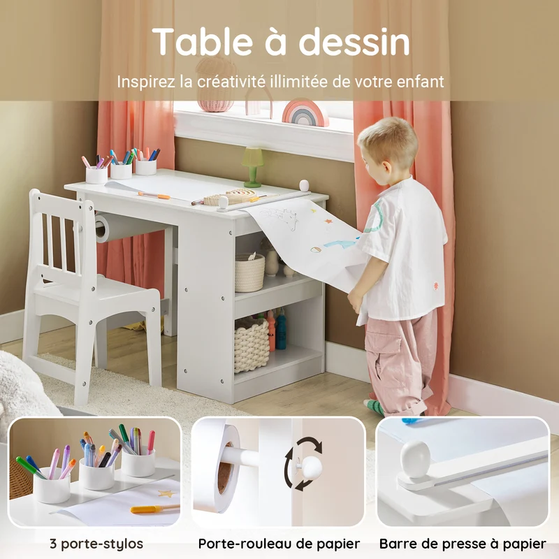 SoBuy KMB60-W Table Enfant avec Chaise Ensemble 2 Pièces Table et Chaise pour Enfant Bureau avec 2 Étagères Porte-Papier et Rangements Stylos Blanc 80x54x65