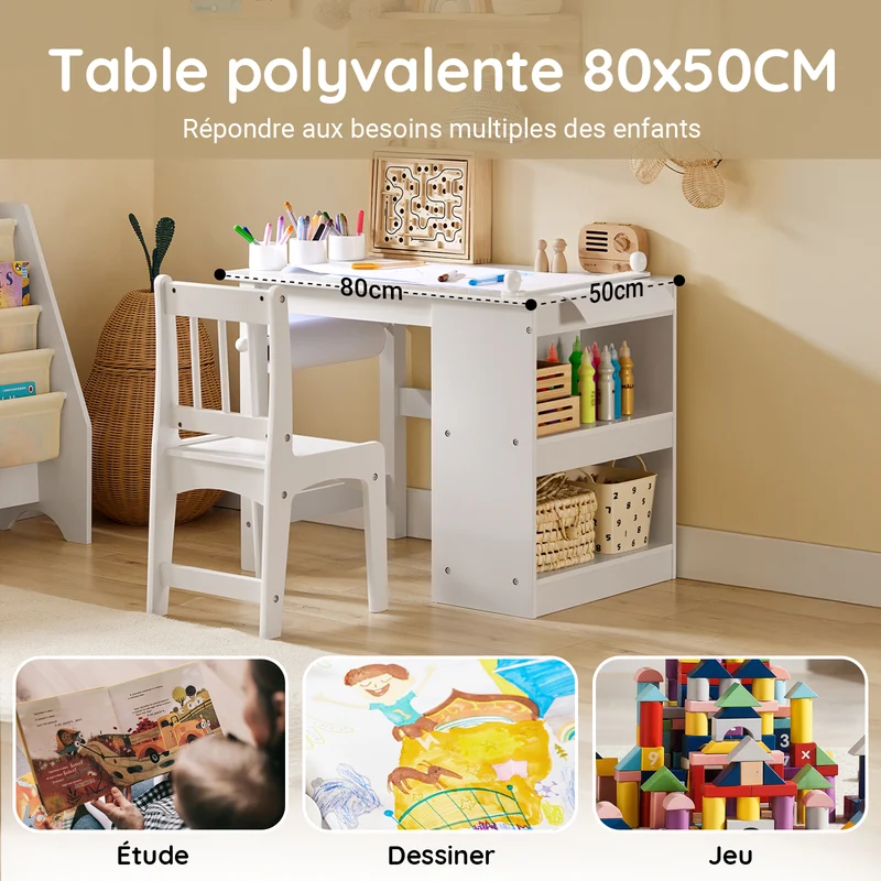 SoBuy KMB60-W Table Enfant avec Chaise Ensemble 2 Pièces Table et Chaise pour Enfant Bureau avec 2 Étagères Porte-Papier et Rangements Stylos Blanc 80x54x65