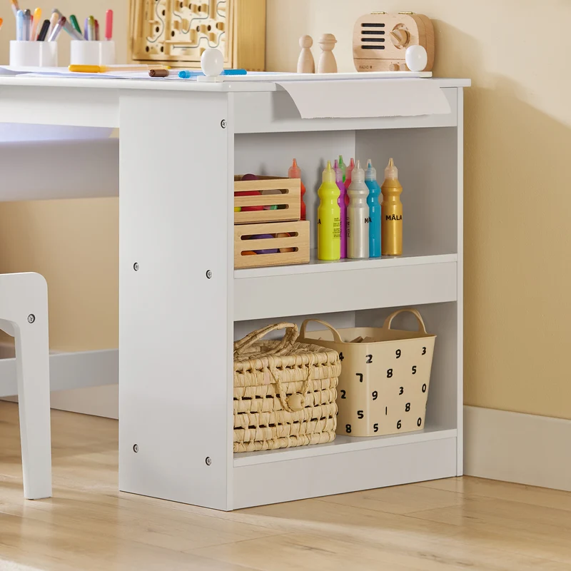 SoBuy KMB60-W Table Enfant avec Chaise Ensemble 2 Pièces Table et Chaise pour Enfant Bureau avec 2 Étagères Porte-Papier et Rangements Stylos Blanc 80x54x65
