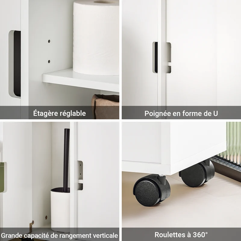SoBuy BZR02-W Meuble Salle de Bain à Roulettes avec 2 Portes Coulissantes – L70×P20×H71 cm, Charge 30 kg, MDF E1, Blanc