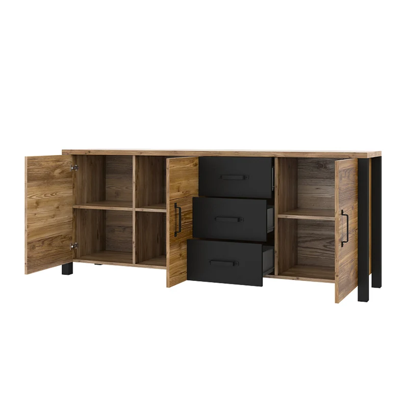 Buffet 3 portes 3 tiroirs Lyam Bois et Noir