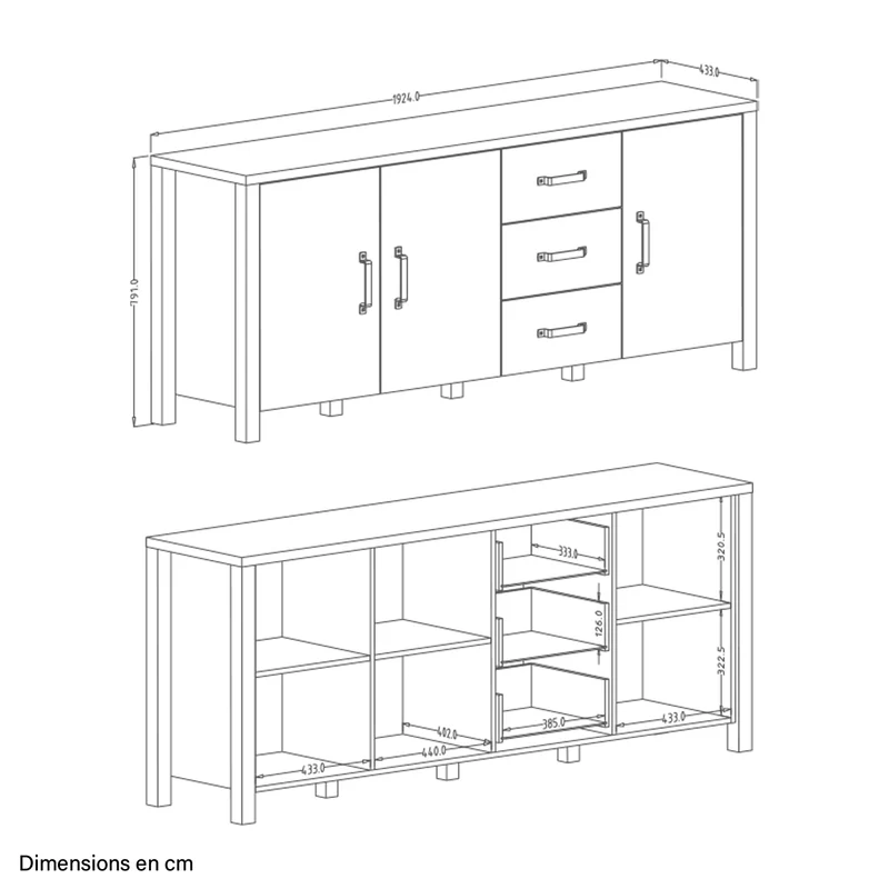 Buffet 3 portes 3 tiroirs Lyam Bois et Noir