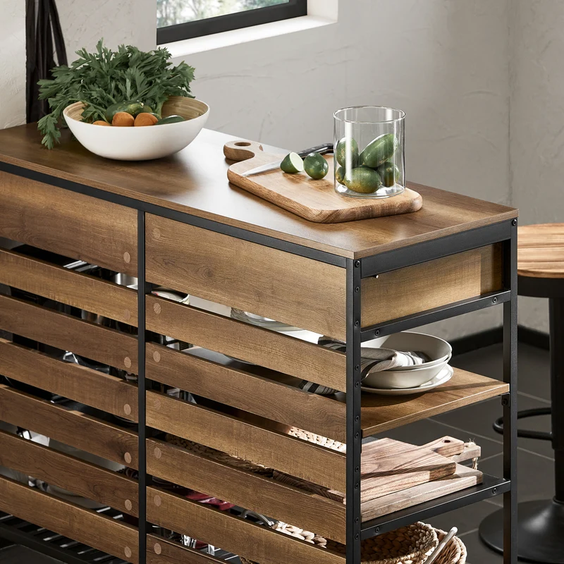SoBuy FSB85-PF Buffet de Cuisine Style Industriel – 120 cm, 2 Tiroirs et Range-Bouteilles, Marron