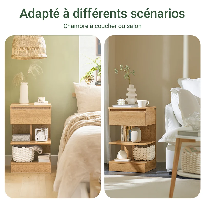 SoBuy FBT49-N Table de Chevet - Table de Nuit avec 1 tiroir et 2 étagères, Table d'appoint pour Chambre à Coucher - Meuble de Rangement Moderne L39 x P39 x H65 cm Naturel