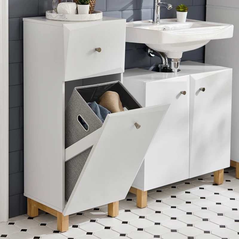SoBuy BZR93-W Meuble Salle de Bain avec Panier à Linge, 1 Tiroir et 1 Panier Amovible, pour Salle de Bain et WC, Rangement Optimisé – L34×P30×H90 cm, Blanc