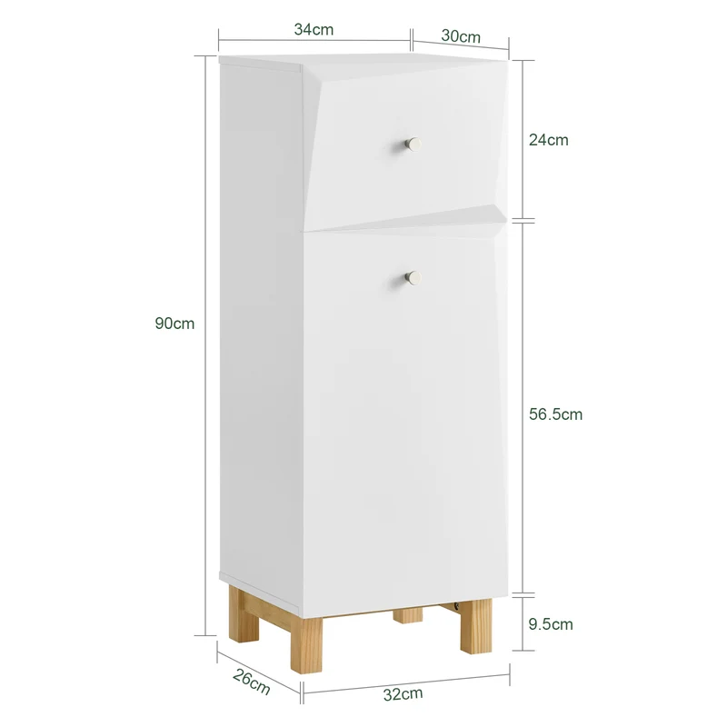 SoBuy BZR93-W Meuble Salle de Bain avec Panier à Linge, 1 Tiroir et 1 Panier Amovible, pour Salle de Bain et WC, Rangement Optimisé – L34×P30×H90 cm, Blanc