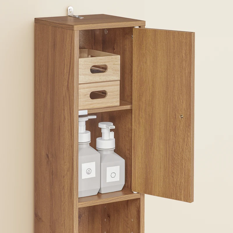SoBuy BZR34-II-PF Colonne Salle de Bain Ultra-Étroite 20 cm – 4 Étagères Réglables et Tiroir – Effet Bois