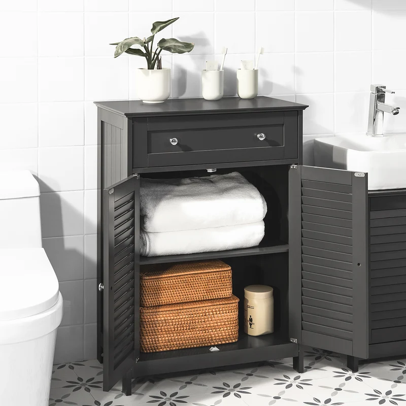 sebuyfr.comG238-DG Meuble Bas Salle de Bain avec Étagère Réglable, 1 Tiroir et 2 Portes, pour Salle de Bain et WC, Rangement Optimisé – L60×P35×H87 cm, Gris Foncé
