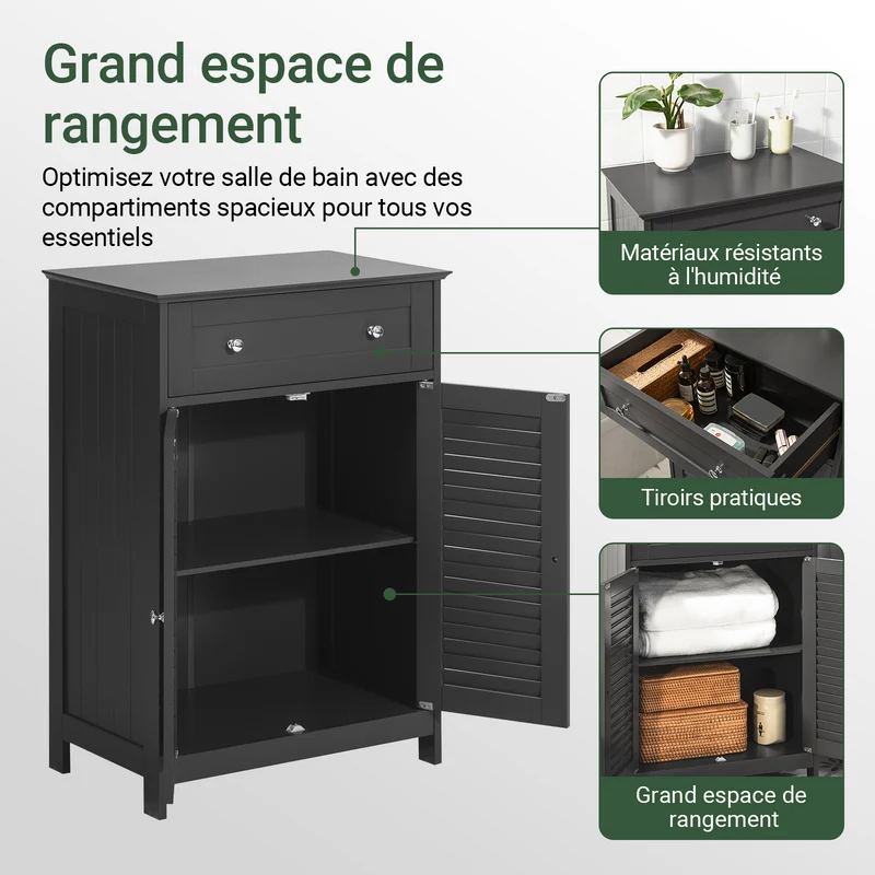 sebuyfr.comG238-DG Meuble Bas Salle de Bain avec Étagère Réglable, 1 Tiroir et 2 Portes, pour Salle de Bain et WC, Rangement Optimisé – L60×P35×H87 cm, Gris Foncé
