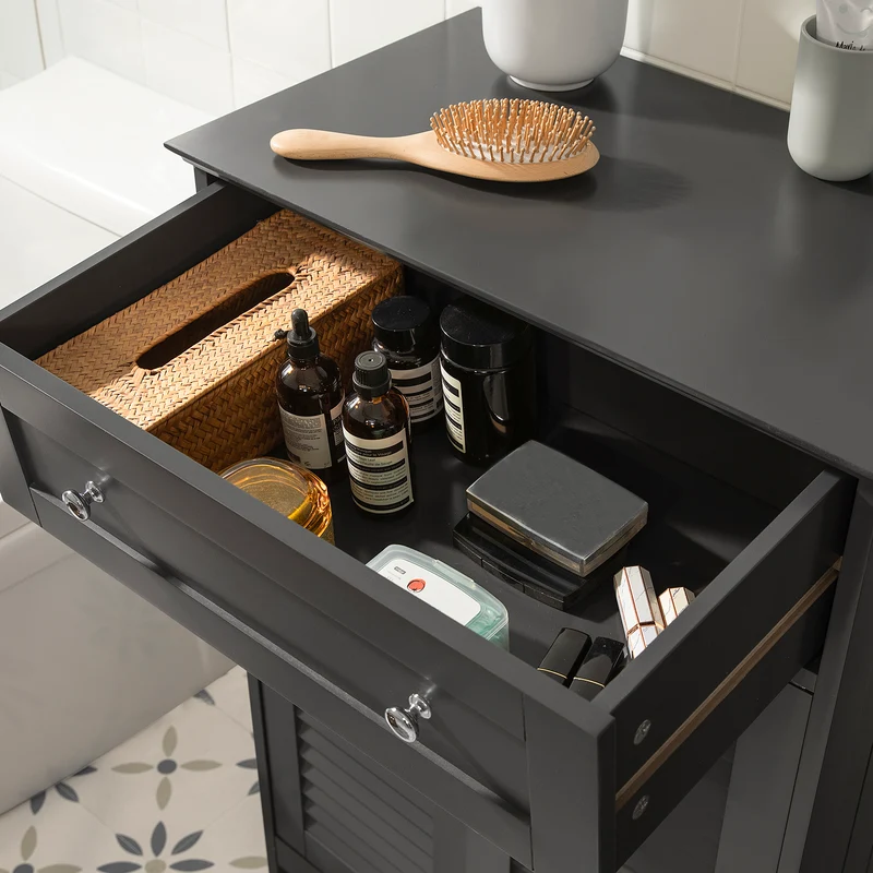 sebuyfr.comG238-DG Meuble Bas Salle de Bain avec Étagère Réglable, 1 Tiroir et 2 Portes, pour Salle de Bain et WC, Rangement Optimisé – L60×P35×H87 cm, Gris Foncé