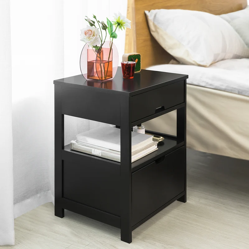 sebuyfr.comG258-SCH Table de Chevet avec 2 tiroirs et étagère, Table de Nuit pour Chambre à Coucher - Meuble de Rangement Moderne L45 x P38 x H55 cm Noir